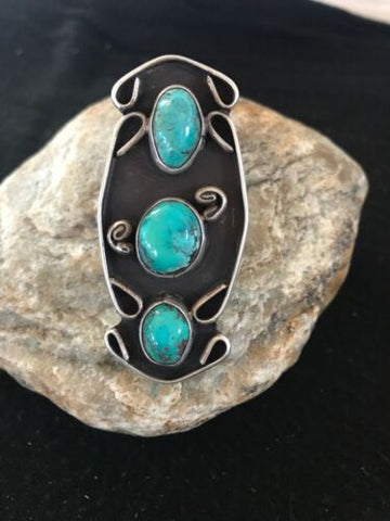 Southwestern Blue Turquoise Navajo Sterling Silver Old Pawn Ring Size 5 8635