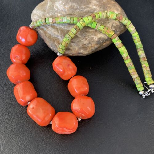 Navajo Green Gaspeite | Coral Pendant Necklace | Sterling Silver | Authentic Native American Handmade | 20" | 13955