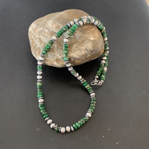 Navajo Green Turquoise Bead Necklace | Sterling Silver | 22" | Authentic Native American Handmade | 2040