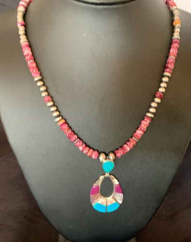 Navajo Sterling Silver Necklace | Turquoise & Purple Spiny Oyster Inlay Pendant Set | 18" | 12331