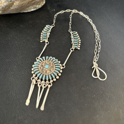 Zuni Kingman Turquoise Needle Point Necklace Pendant Set | Sterling Silver | Authentic Native American Handmade | 14535