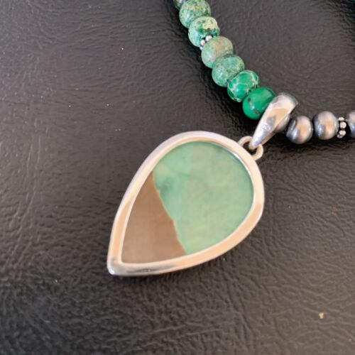 Navajo Green Turquoise Pendant Necklace | Sterling Silver Beads | Authentic Native American Handmade | 13366