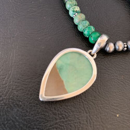 Navajo Green Turquoise Pendant Necklace | Sterling Silver Beads | Authentic Native American Handmade | 13366