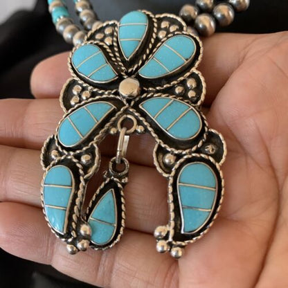 Zuni Sleeping Beauty Turquoise Inlay Necklace | Sterling Silver Squash Blossom | 12232