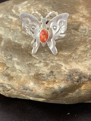 Navajo Red Spiny Oyster Butterfly Ring | Sterling Silver | Adj Sz 7 | Authentic Native American Handmade | 10678