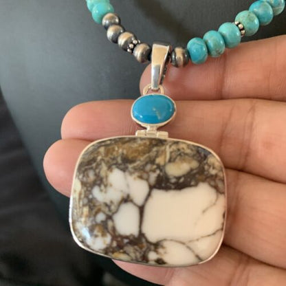 Navajo Pearl Blue Turquoise, Wild Horse & Multi-Stone Pendant Necklace | Authentic Native American Sterling Silver | 11862