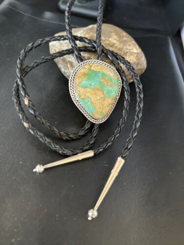 Navajo Green Royston Turquoise Bolo Tie | Sterling Silver | Authentic Native American Handmade | 14520 - Masha USA