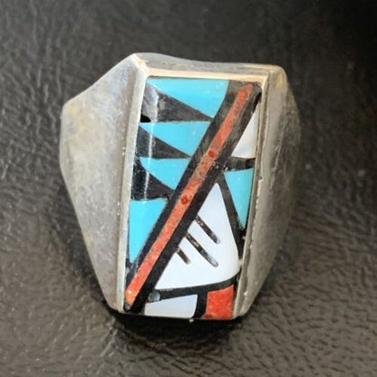 XL Zuni Men's Spiny Blue Turquoise Inlay Ring | Sterling Silver | Sz 15 | 12427