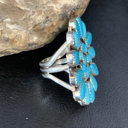 Navajo Blue Kingman Turquoise Cluster Ring | Authentic Native American Sterling Silver | Multi-Stone | Sz 9 | 13715