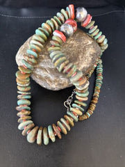 XL Green Turquoise & Red Spiny Oyster Navajo Sterling Silver Necklace | Authentic Native American | 32" | 14790