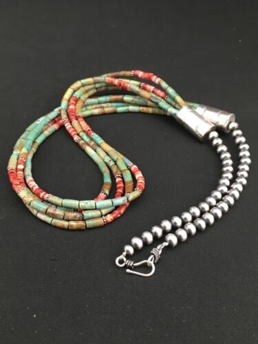 Royston Turquoise & Spiny Oyster Necklace | 4 Strand Navajo Sterling Silver | Authentic Native American Handmade | 4899