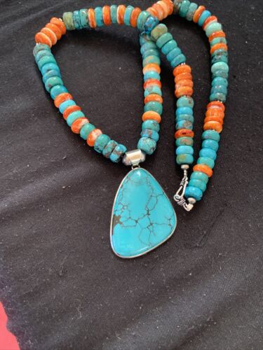 Navajo Pearls Spiderweb Spiny Oyster Turquoise Necklace Pendant | Sterling Silver | Southwestern Native American | 00833