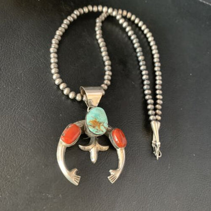 Navajo Pearl Necklace with Royston Turquoise & Coral Naja Pendant | Sterling Silver | 13643