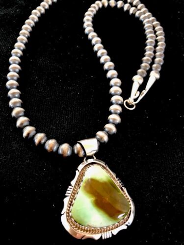 Navajo Green Royston Turquoise Pendant | Sterling Silver | Native American Handmade | 13277