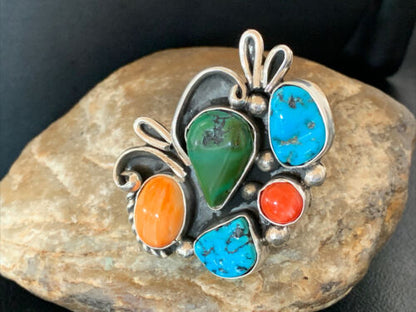 Native American Navajo Sterling Silver Ring | Blue Turquoise & Spiny Oyster | Multi-Stone | Sz 9.5 | 02160