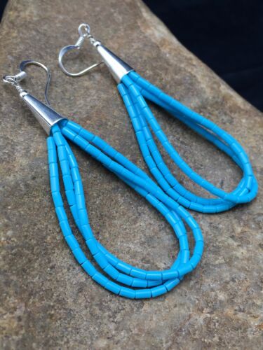 Liquid Silver Heishi Dangle Earrings | Blue Turquoise | Sterling Silver | 3-Strand | 2.5" | 4371
