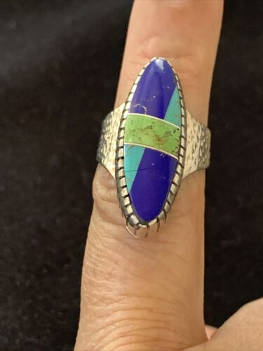 Navajo Multi-Color Lapis & Turquoise Inlay Ring | Sterling Silver | Sz 7 | Authentic Native American Handmade | 1577