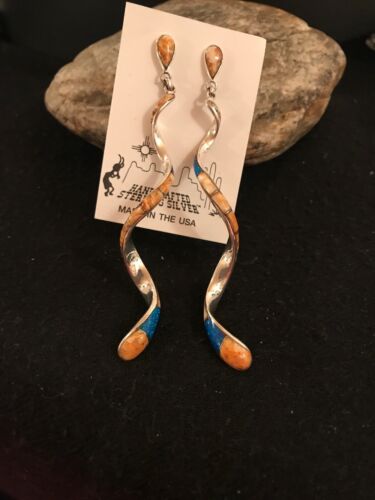 Navajo Snake Swirl Spiny Opal Inlay Sterling Silver Earrings | Long 3.25" Dangle | Southwestern Native American | 1059