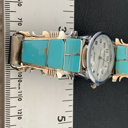 Navajo Men's Watch Tips | Sterling Silver & Turquoise Inlay | Authentic Native American Jewelry | 2094