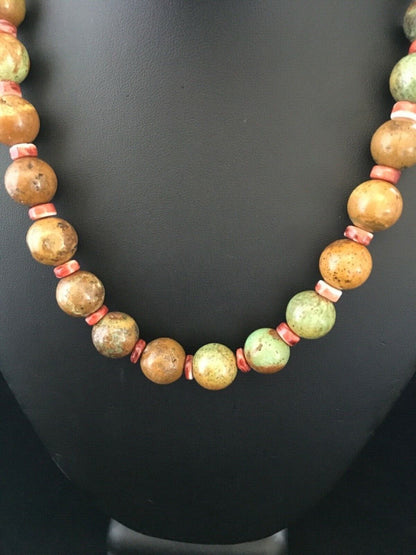 Navajo Green Turquoise & Orange Spiny Oyster Necklace | Sterling Silver | 17" | Authentic Native American Handmade | 1742