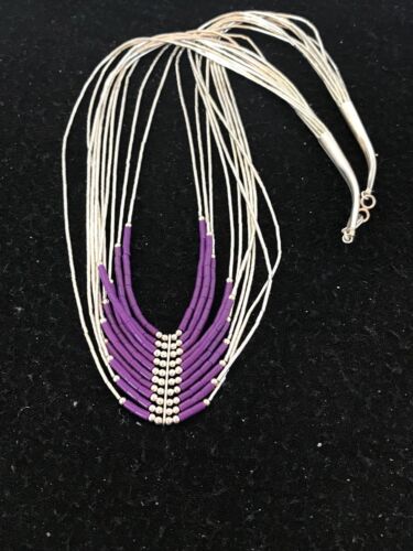 Native American Sugilite Heishi Tubes Necklace | 10 Strand Liquid Sterling Silver | 8558