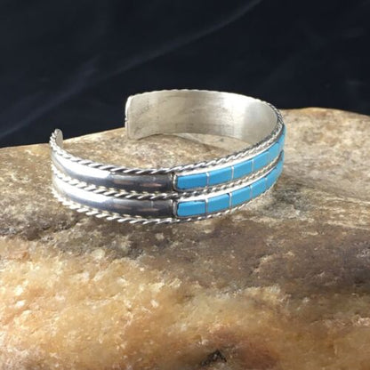 Navajo Blue Turquoise Inlay Cuff Bracelet | Sterling Silver | Authentic Native American Handmade | 1974