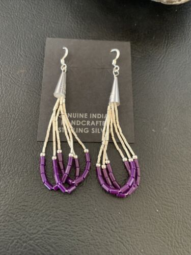 Handmade Liquid Silver Heishi Tube Beads Sugilite Earrings | Sterling Silver | 2" | 13048