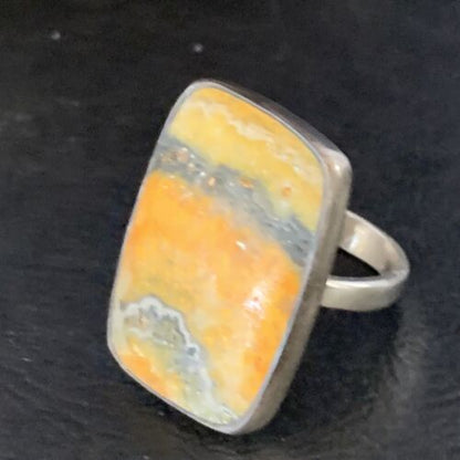 Navajo Yellow Bumble Bee Jasper Ring | Sterling Silver | Sz 8 Adjustable | Authentic Native American Handmade | 14015