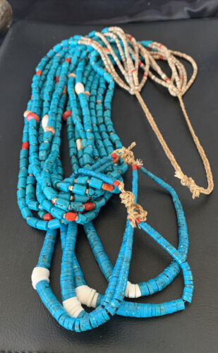 Southwestern Santo Domingo Coral Spiny Blue Turquoise Jacla Necklace | 32" | Native American Handmade | 12047