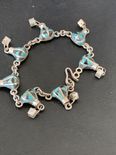 Navajo Blue Turquoise Lapis Inlay Link Bracelet | Sterling Silver | 7" | Authentic Native American Handmade | 12925