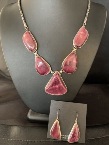 Navajo Purple Spiny Oyster Necklace Choker Earrings Set | Sterling Silver Pendant | 20" | Authentic Native American Handmade | 13792