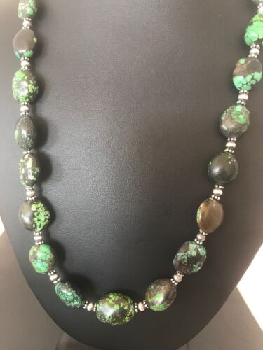 Navajo Green Spiderweb Turquoise Nugget Necklace | Sterling Silver | 22" | Authentic Native American Handmade | 3214