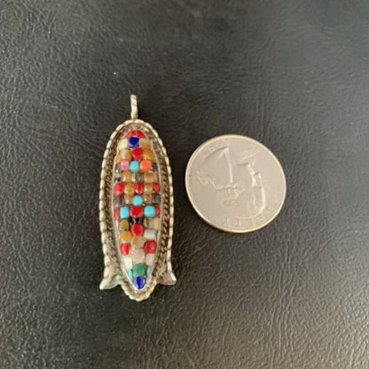 Zuni Corn Coral Mother of Pearl Turquoise Inlay Pendant | Sterling Silver | 1.75" | 13689