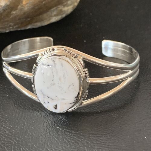 Navajo White Buffalo Turquoise Cuff Bracelet | Sterling Silver | Authentic Native American Handmade | 1389