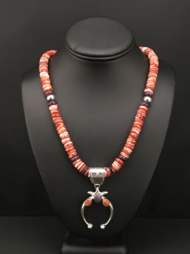 Navajo Spiny Oyster Naja Necklace | Sterling Silver Pendant | 22" | Authentic Native American Handmade | 1275