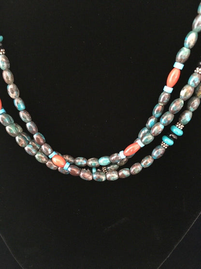 Navajo Blue Spiderweb Turquoise Coral Necklace | Sterling Silver | 3-Strand 29" | 1722