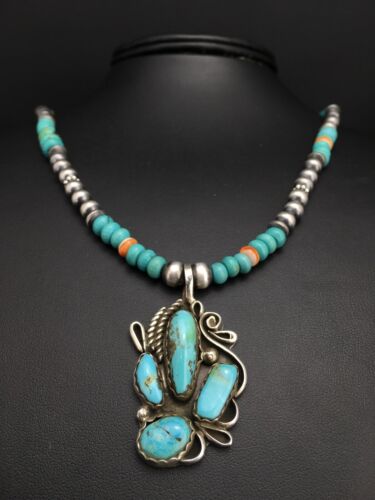 Navajo Blue Turquoise and Spiny Oyster Multi-Stone Pendant Necklace | Authentic Native American Sterling Silver | 21" | 4886 - Masha USA