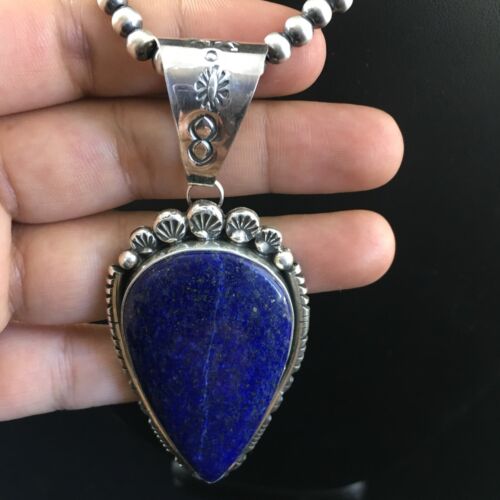 Native American Men's Navajo Pearls Necklace Pendant | Sterling Silver | Blue Lapis | 10081