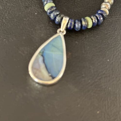 Navajo Green Turquoise Lapis Necklace with Opal Pendant | Sterling Silver | Authentic Native American Handmade | 14370