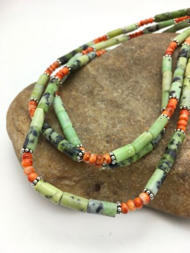Navajo Green Serpentine & Spiny Oyster Necklace | 3 Strand | Sterling Silver | Authentic Native American Handmade | 4095