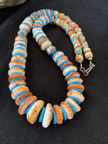 Navajo Pearls & Spiny Oyster Turquoise Necklace | Sterling Silver | Graduated | Authentic Native American | 23" | 00744