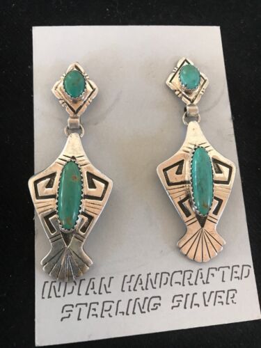 Hopi Turquoise Drop Dangle Earrings | Vintage Old Pawn Sterling Silver | Authentic Native American Handmade | 1123