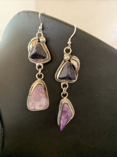 Navajo Purple Charoite Dangle Earrings | Sterling Silver | Authentic Native American Handmade | 01222