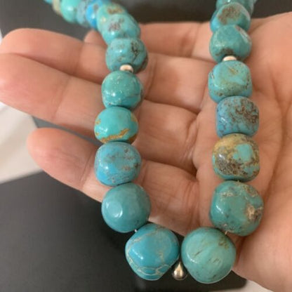 Navajo Blue Turquoise Bead Necklace Pendant | Sterling Silver | Authentic Native American Handmade | 20" | 02205