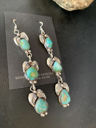 Navajo Green Turquoise Earrings | Sonoran Gold | Sterling Silver | 3 Dangle | Authentic Native American Handmade | 13925