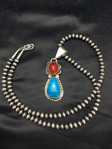 Navajo Turquoise & Coral Pendant Necklace | Sterling Silver | Authentic Native American Handmade | 2580