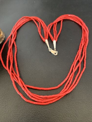 Native American Red Stabilized Coral Heishi Necklace | 5 Strand | Sterling Silver | 20" | 2207