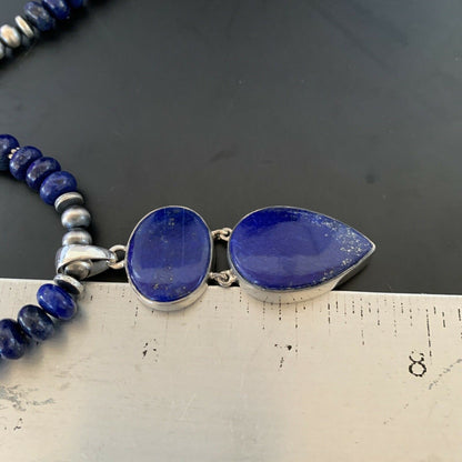 Navajo Sterling Silver Beads Necklace with Lapis Lazuli Pendant | 8mm | Authentic Native American Handmade | 11364