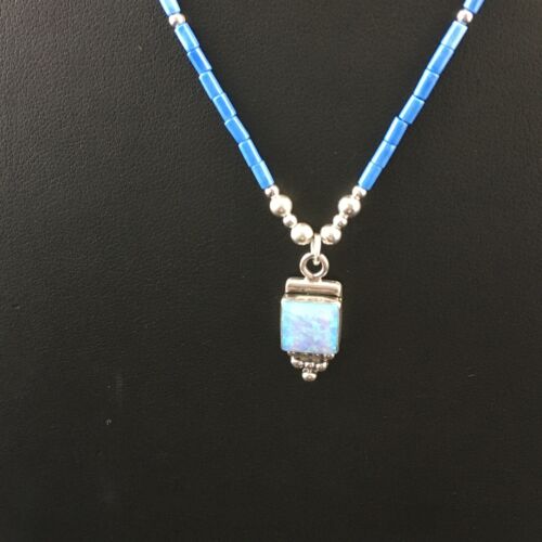 Children's Lapis Beads Sterling Heishi Necklace | Opal Pendant | 15" Chain | 10130