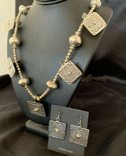 Navajo Square Blue Naja Necklace Set | Authentic Native American Sterling Silver | Handmade Stamped | 10767